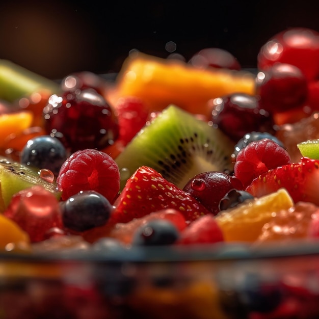 Un tazón de fruta con un kiwi y un kiwi encima.