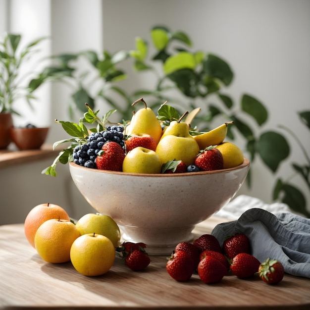 Tazón de fruta en la mesa con fondo blanco de planta