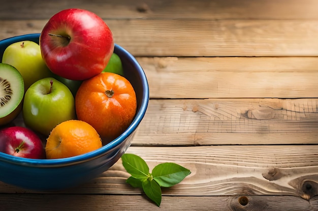 Tazón de fruta en una mesa de madera