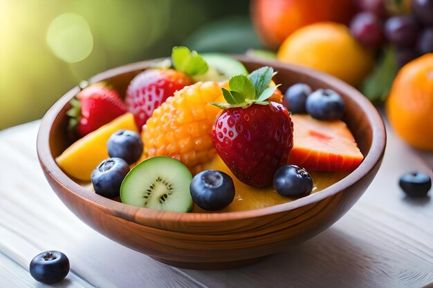 Un tazón de fruta que incluye fresas, kiwi y kiwi.