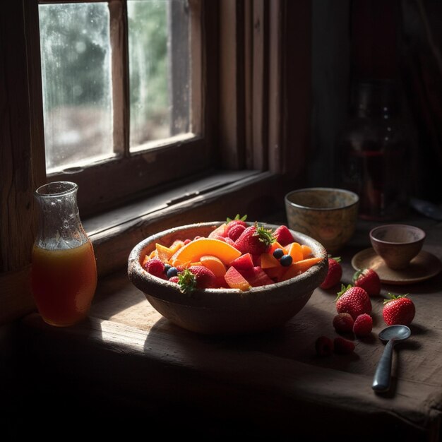 Un tazón de fruta se sienta en una mesa al lado de una botella de jugo de naranja.