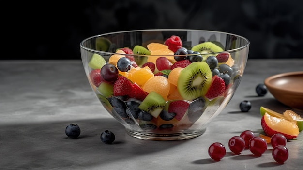 Un tazón de fruta se sienta en una mesa