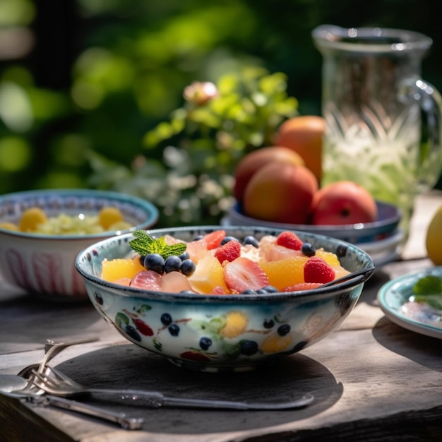 Un tazón de fruta se sienta sobre una mesa con una jarra de agua y una jarra de fruta.