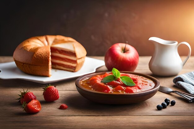 Un tazón de fruta y un tazón de sopa de fresa sobre una mesa con una jarra blanca de jugo de manzana.