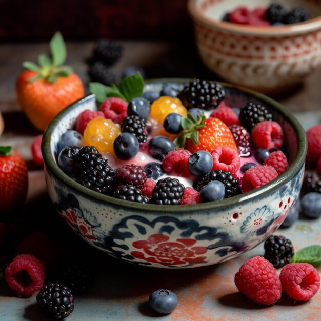 Un tazón de frutas con bayas