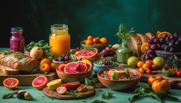 Tazón de frutas frescas en una mesa rústica de madera generada por IA