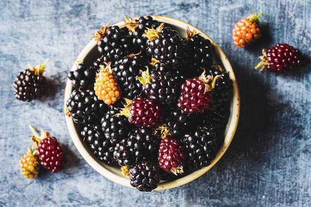 Tazón de frutas de mora vista aérea fondo de comida de verano moras maduras en mesa gris