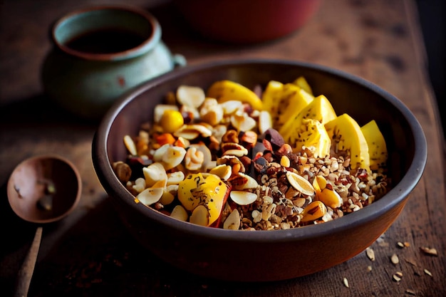 Un tazón de frutas y nueces con una taza de café sobre la mesa.