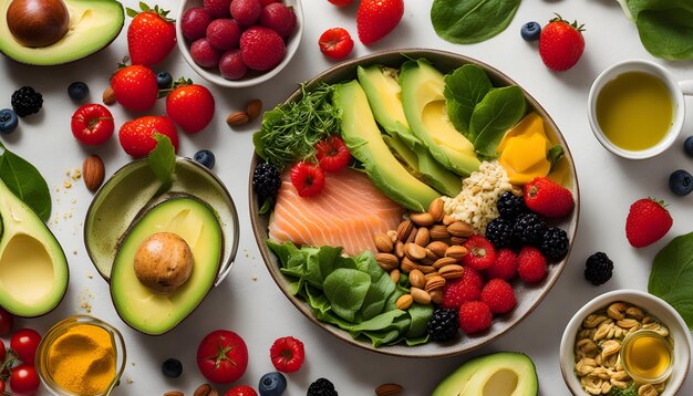 un tazón de frutas y verduras con una variedad de fritas y verduras