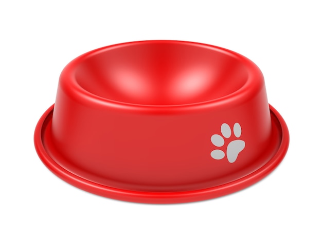 Tazón de fuente para mascotas rojo aislado sobre fondo blanco.