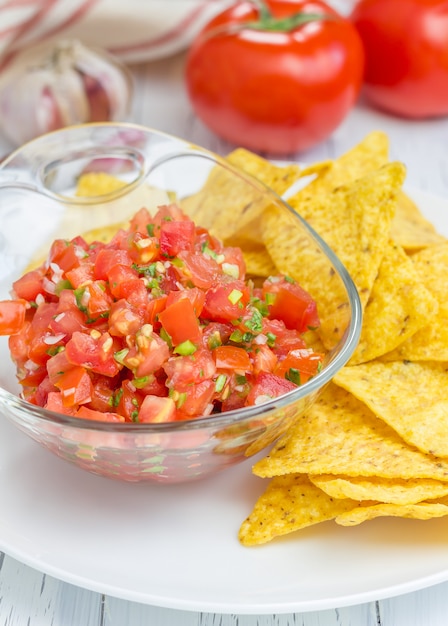 Tazón de fuente de salsa casera fresca con nachos