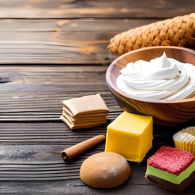 Un tazón de galletas con crema batida y un rollo al lado.