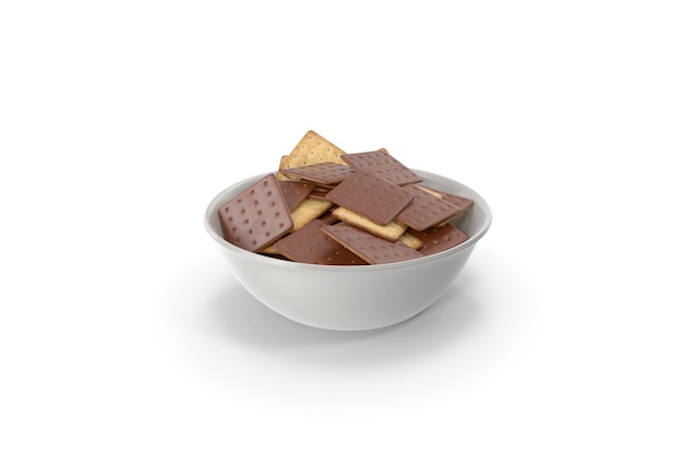 Tazón con galletas cuadradas cubiertas de chocolate