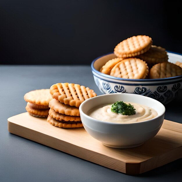 Un tazón de galletas y un tazón de galletas con un tazón de queso azul y blanco.