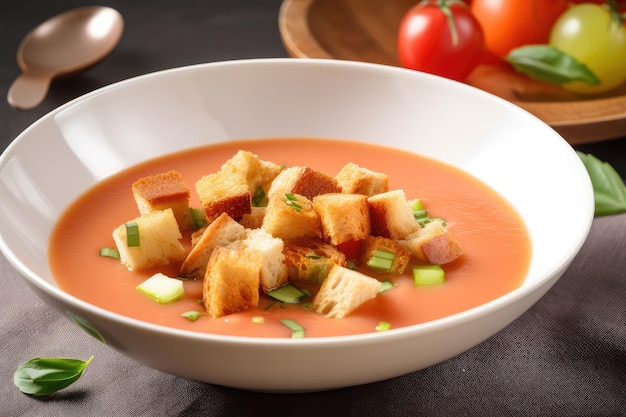 Tazón de gazpacho cubierto con picatostes y guarniciones para darle más sabor