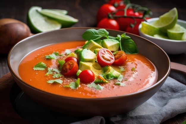 Tazón de gazpacho cubierto con trozos de tomates frescos y jugosos