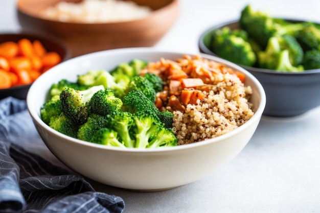 Tazón grande de comida de quinua con brócoli al vapor y zanahorias en rodajas