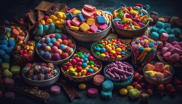 Un tazón grande de dulces coloridos, una dulce indulgencia generada por IA