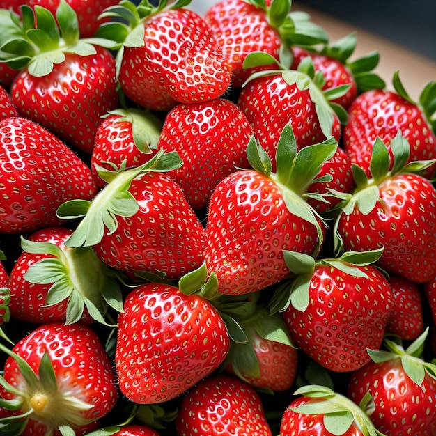 Un tazón grande de fresas con hojas verdes encima.