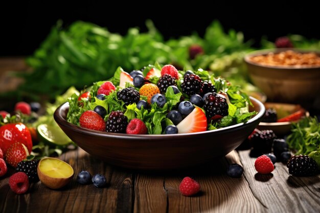 Foto tazón grande lleno de ensalada de frutas y verduras frescas variadas con frutas y bayas frescas expuestas en una mesa de madera que representa alimentos saludables generados por ia