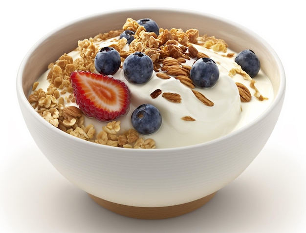 Un tazón de granola con arándanos y fresas se sienta sobre una mesa blanca.