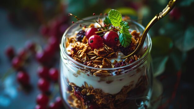 Un tazón de granola con bayas y menta en la parte superior