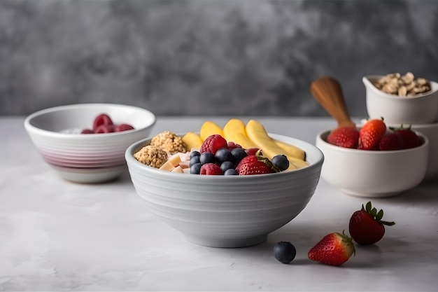 Un tazón de granola con fruta al lado.