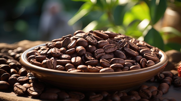 Un tazón de granos de café con un hombre al fondo.