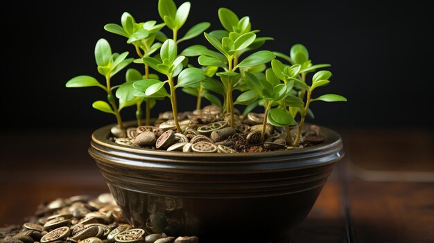 Foto un tazón de granos de café y una planta con las palabras brotes en él