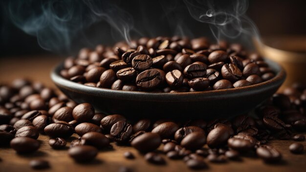 Foto un tazón de granos de café tostados emite vapor a medida que los granos se enfrían