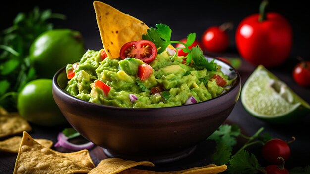 Un tazón de guacamole cremoso con coriandro de tomate y aguacate