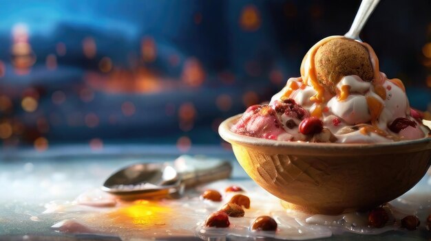 Foto un tazón de helado al lado de un tazó de helado y cucharas