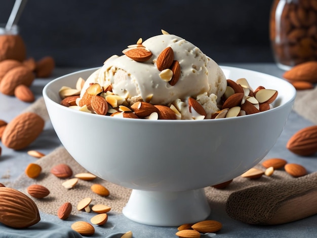 Un tazón de helado de almendras con almendras encima.