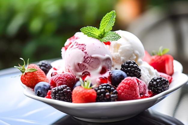 Un tazón de helado con bayas encima