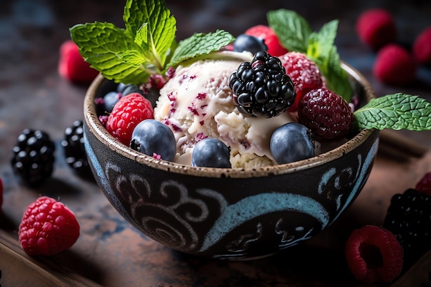 Un tazón de helado con bayas frescas y menta