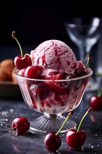 Un tazón de helado de cereza con cerezas al fondo