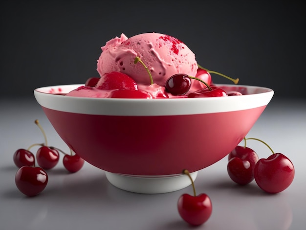 Un tazón de helado con cerezas al lado.