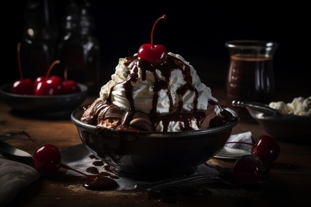 Un tazón de helado de chocolate con una cereza encima