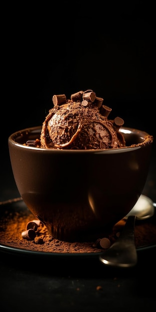 Un tazón de helado de chocolate con chispas de chocolate encima.