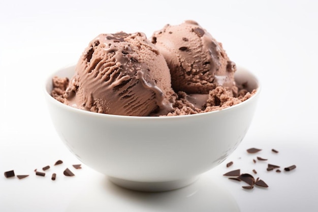 un tazón de helado de chocolate con chispas de chocolate sobre un fondo blanco.