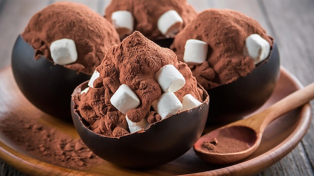 un tazón de helado de chocolate con chocolate y malvaviscos