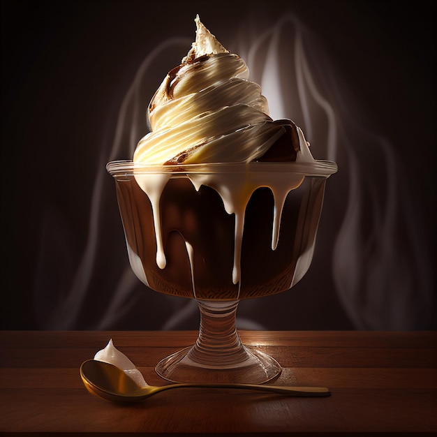 Un tazón de helado de chocolate con una cuchara al costado.