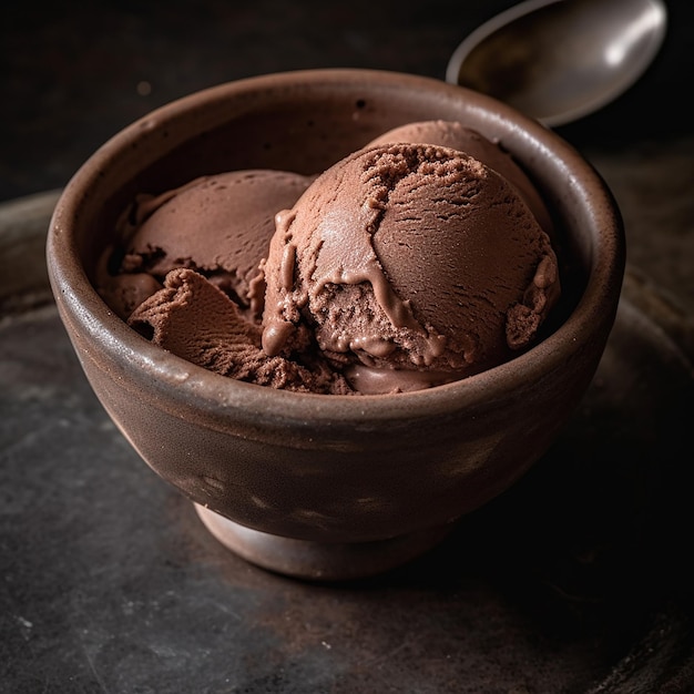 Un tazón de helado de chocolate con una cuchara sobre una superficie oscura.