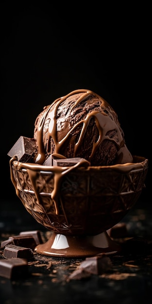 Foto un tazón de helado de chocolate con un fondo oscuro.