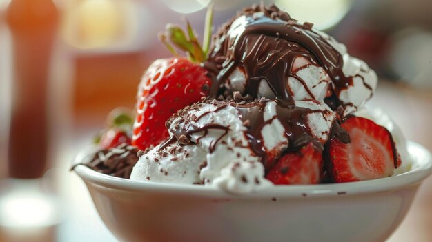 Foto un tazón de helado de chocolate con una fresa en la parte superior