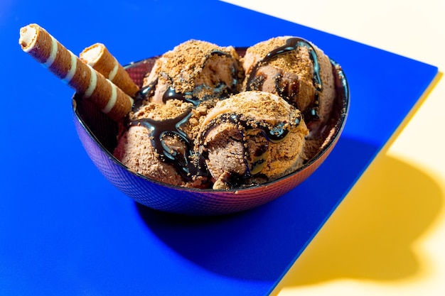 Un tazón de helado de chocolate con salsa de chocolate encima.