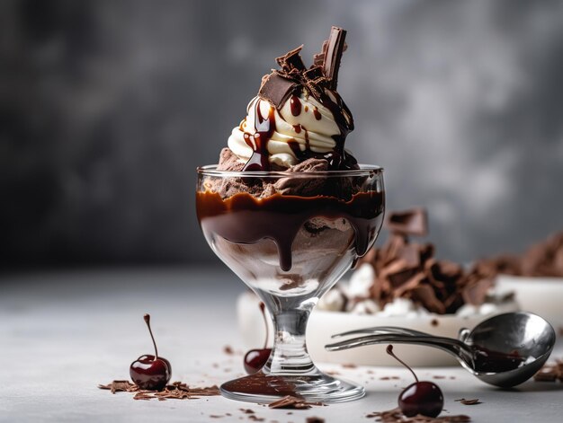 Un tazón de helado de chocolate con salsa de chocolate y virutas de chocolate.