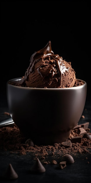 Un tazón de helado de chocolate con trozos de chocolate encima.