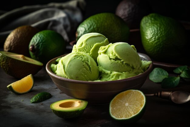 Un tazón de helado con una cuchara a un lado.