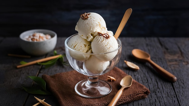 Un tazón de helado con una cuchara en la parte superior